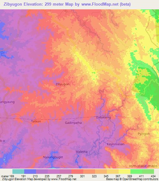 Zibyugon,Myanmar Elevation Map