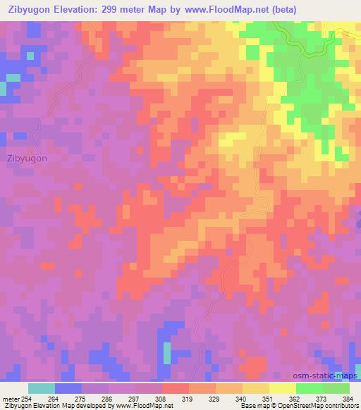 Zibyugon,Myanmar Elevation Map