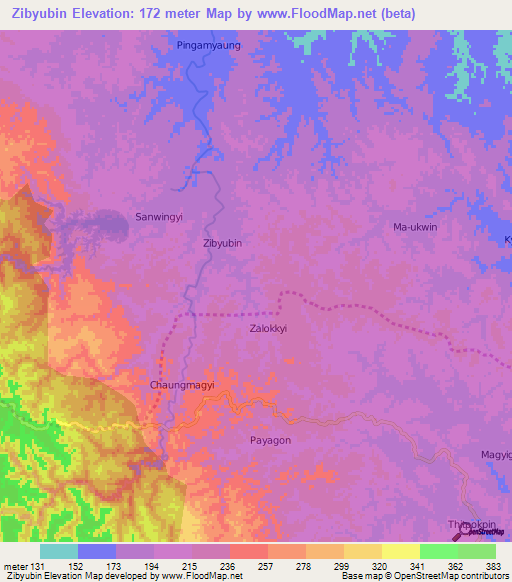 Zibyubin,Myanmar Elevation Map