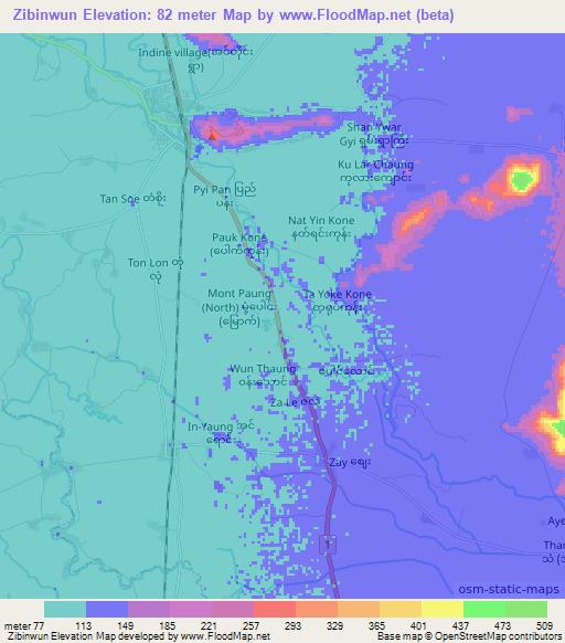 Zibinwun,Myanmar Elevation Map