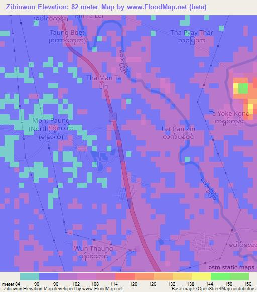 Zibinwun,Myanmar Elevation Map