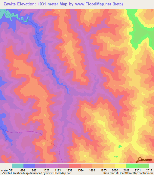 Zawlte,Myanmar Elevation Map