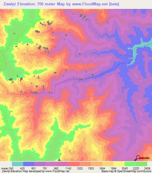 Zawlpi,Myanmar Elevation Map