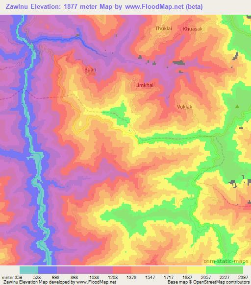 Zawlnu,Myanmar Elevation Map