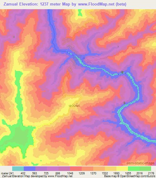 Zamual,Myanmar Elevation Map