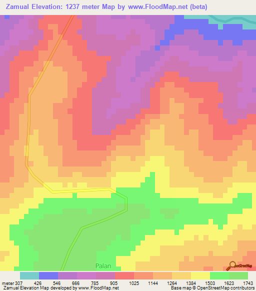 Zamual,Myanmar Elevation Map