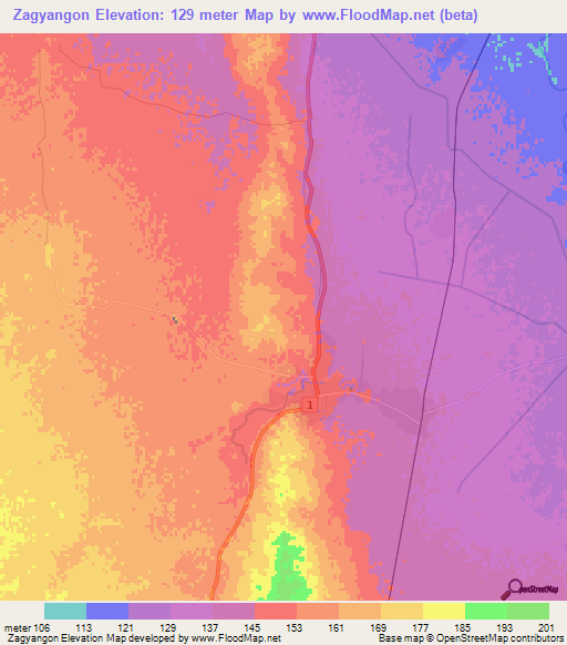 Zagyangon,Myanmar Elevation Map