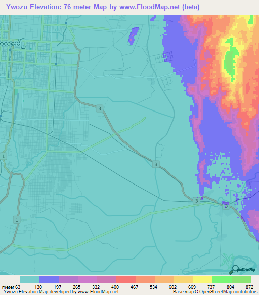 Ywozu,Myanmar Elevation Map