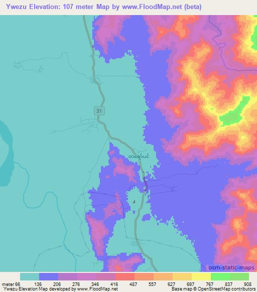 Ywezu,Myanmar Elevation Map