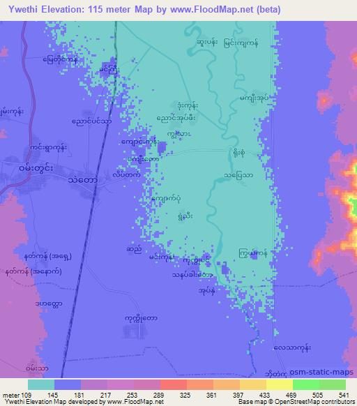 Ywethi,Myanmar Elevation Map