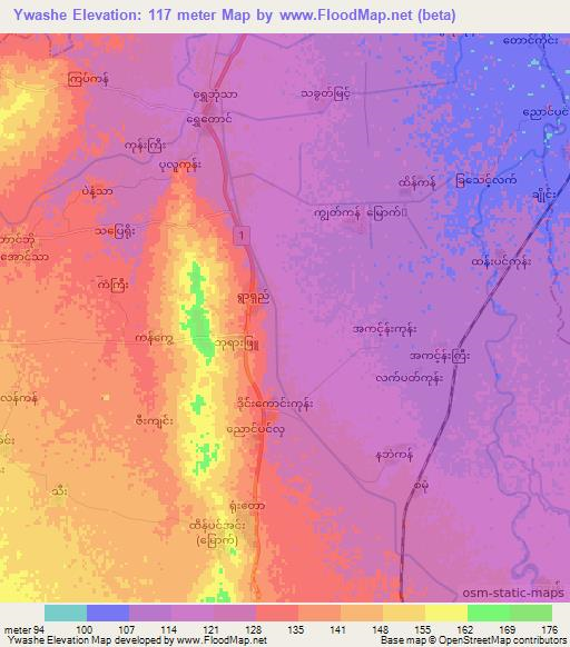 Ywashe,Myanmar Elevation Map