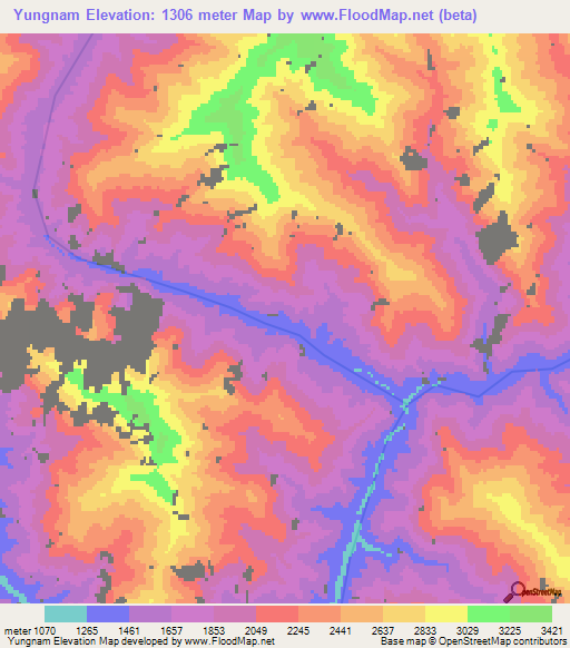 Yungnam,Myanmar Elevation Map