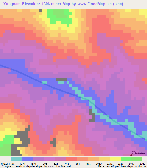 Yungnam,Myanmar Elevation Map