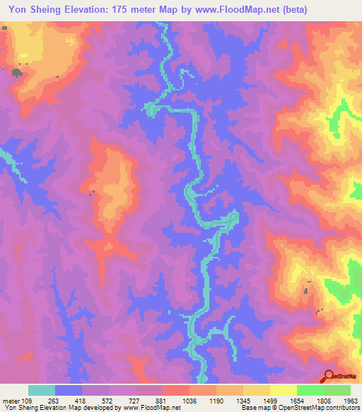 Yon Sheing,Myanmar Elevation Map