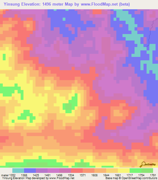 Yinsung,Myanmar Elevation Map