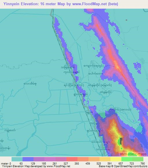 Yinnyein,Myanmar Elevation Map