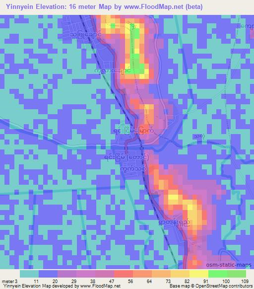 Yinnyein,Myanmar Elevation Map