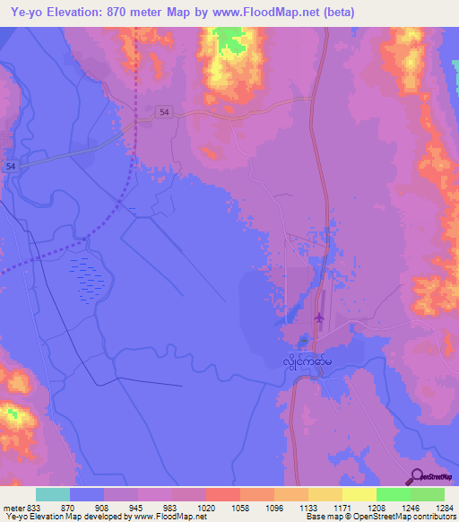 Ye-yo,Myanmar Elevation Map