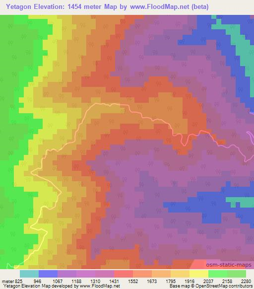 Yetagon,Myanmar Elevation Map