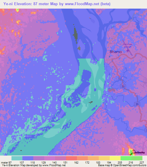 Ye-ni,Myanmar Elevation Map