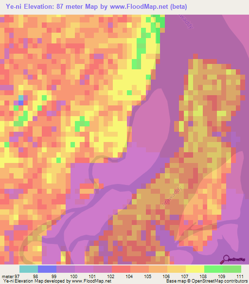 Ye-ni,Myanmar Elevation Map