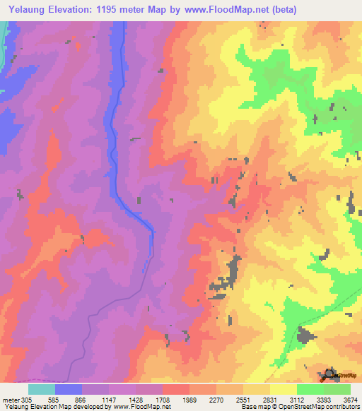 Yelaung,Myanmar Elevation Map