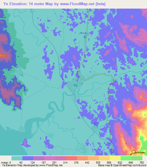 Ye,Myanmar Elevation Map