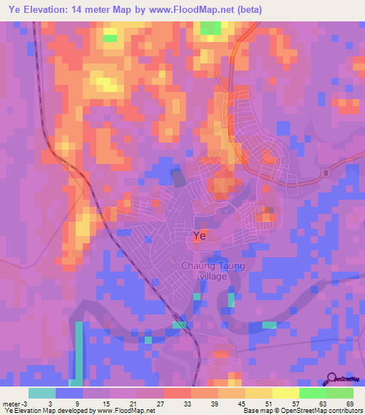 Ye,Myanmar Elevation Map