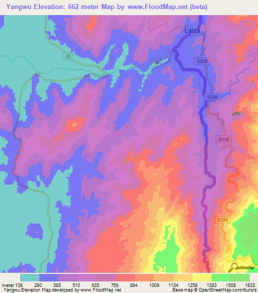 Yangwu,Myanmar Elevation Map