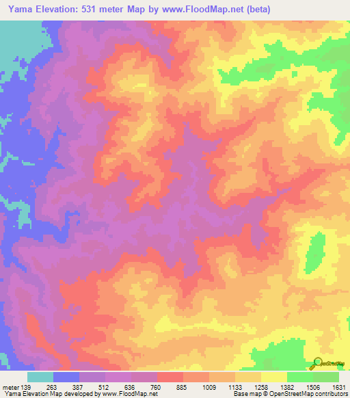 Yama,Myanmar Elevation Map