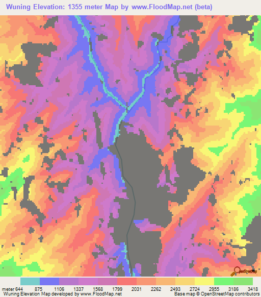 Wuning,Myanmar Elevation Map