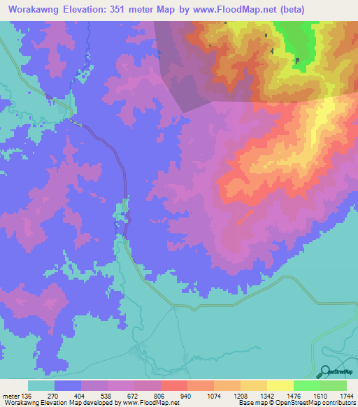 Worakawng,Myanmar Elevation Map