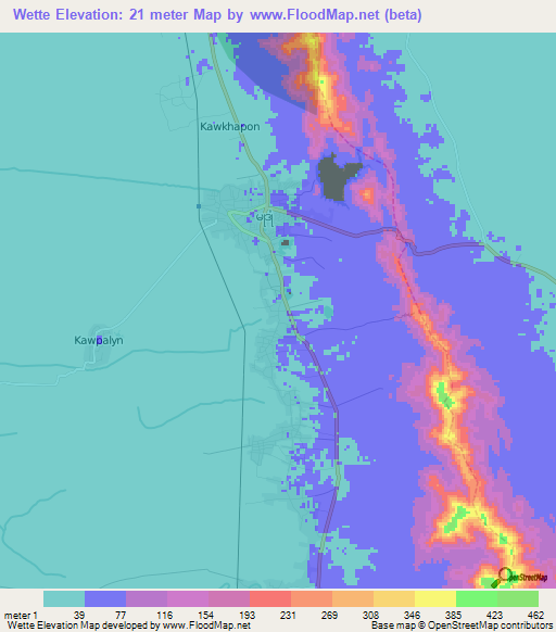 Wette,Myanmar Elevation Map