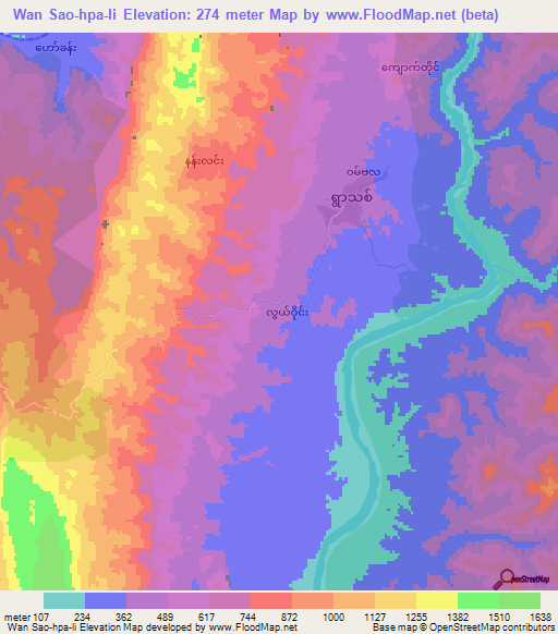 Wan Sao-hpa-li,Myanmar Elevation Map