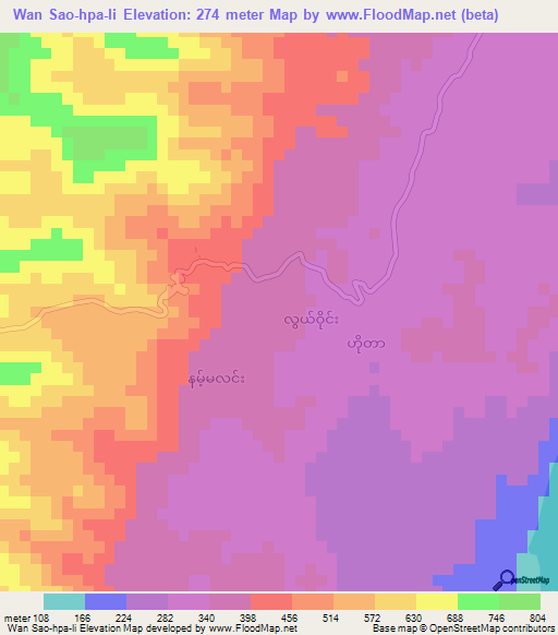 Wan Sao-hpa-li,Myanmar Elevation Map