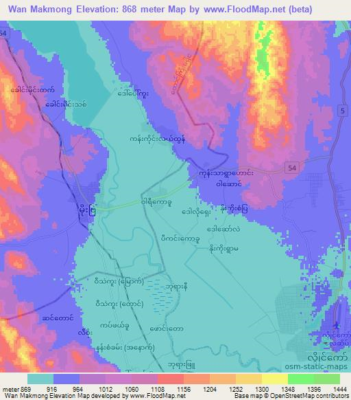 Wan Makmong,Myanmar Elevation Map