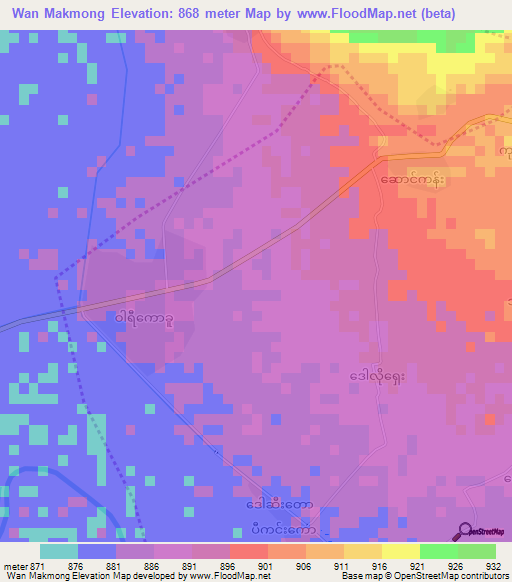 Wan Makmong,Myanmar Elevation Map