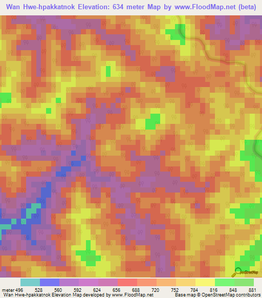 Wan Hwe-hpakkatnok,Myanmar Elevation Map