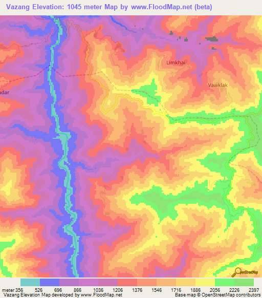 Vazang,Myanmar Elevation Map