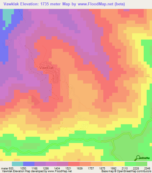 Vawklak,Myanmar Elevation Map