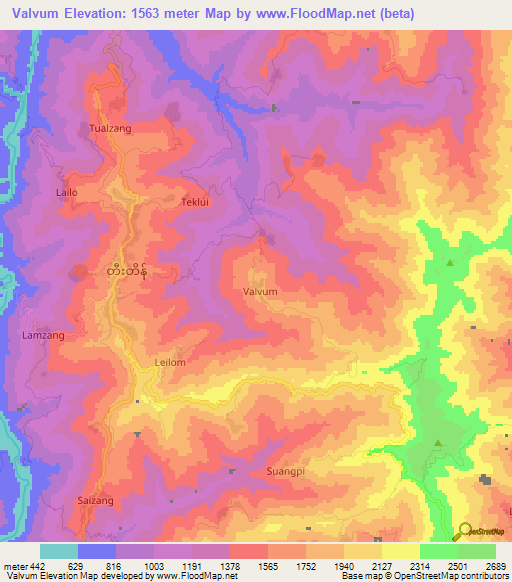 Valvum,Myanmar Elevation Map