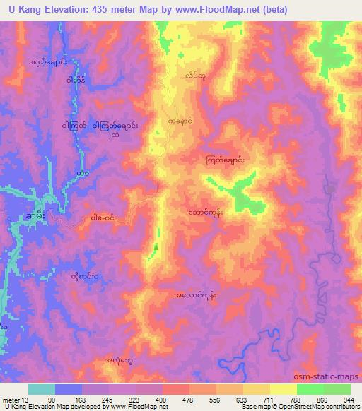 U Kang,Myanmar Elevation Map