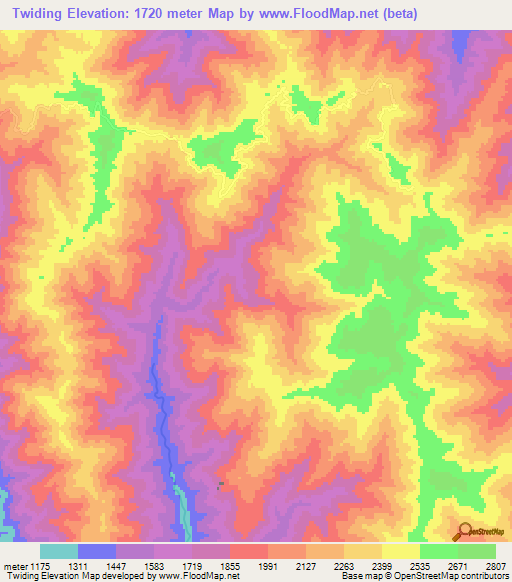 Twiding,Myanmar Elevation Map