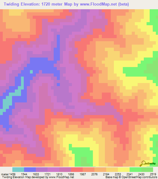 Twiding,Myanmar Elevation Map