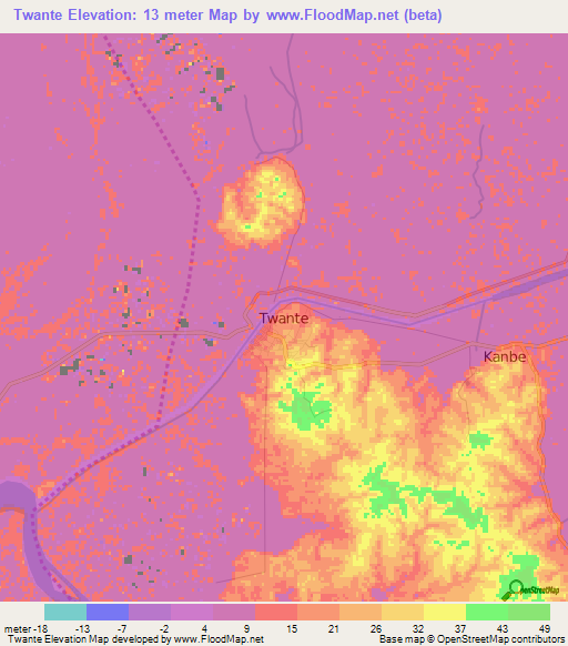 Twante,Myanmar Elevation Map