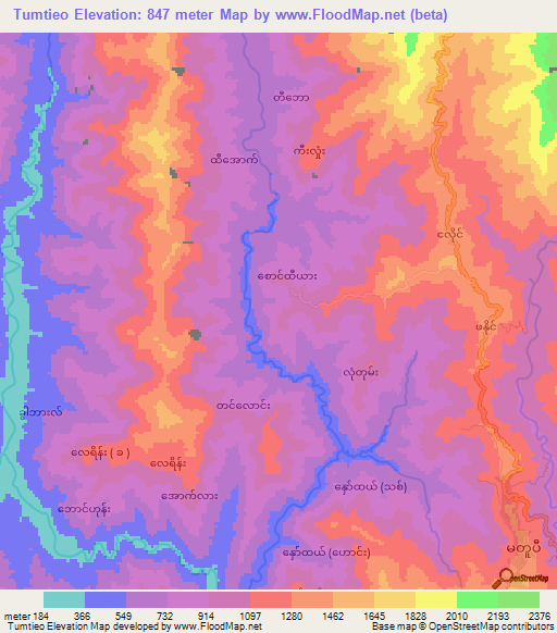 Tumtieo,Myanmar Elevation Map