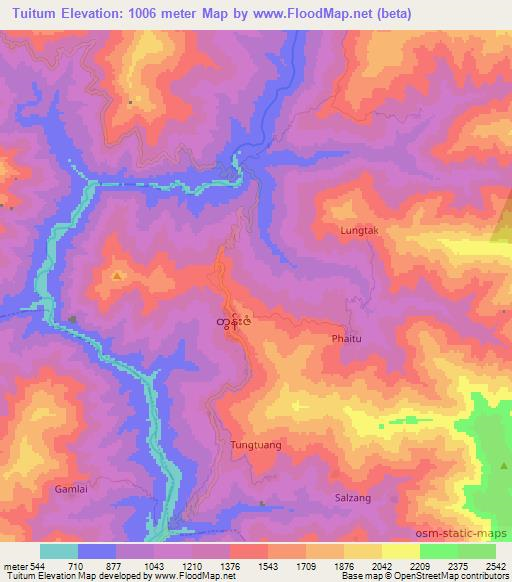 Tuitum,Myanmar Elevation Map