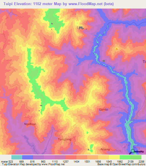 Tuipi,Myanmar Elevation Map