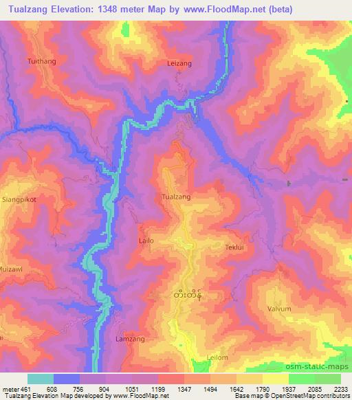 Tualzang,Myanmar Elevation Map