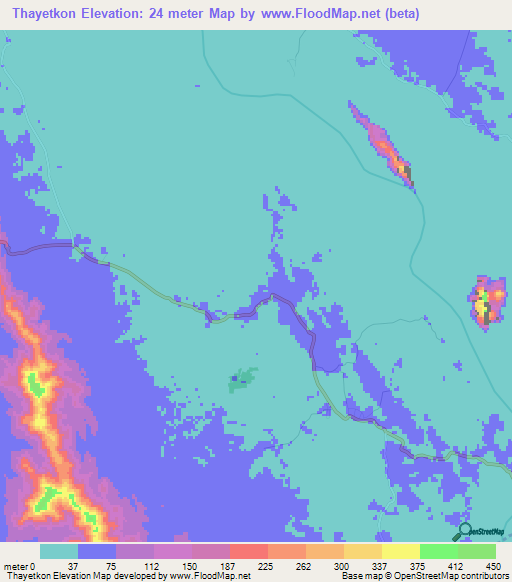 Thayetkon,Myanmar Elevation Map